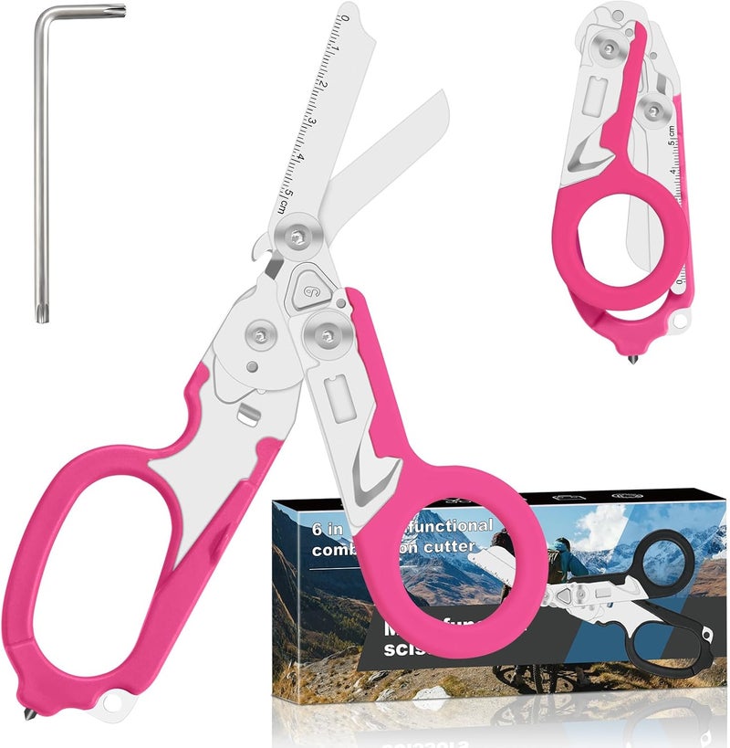 Lemasa 6 in 1 Multifunctional Combination Tool, Folding Retractable Emergency Shears, Outdoor Camping Tools, Seat Belt Cutter, Oxygen Cylinder Wrench, Complimentary Adjustable Wrench (pink) - Image 1